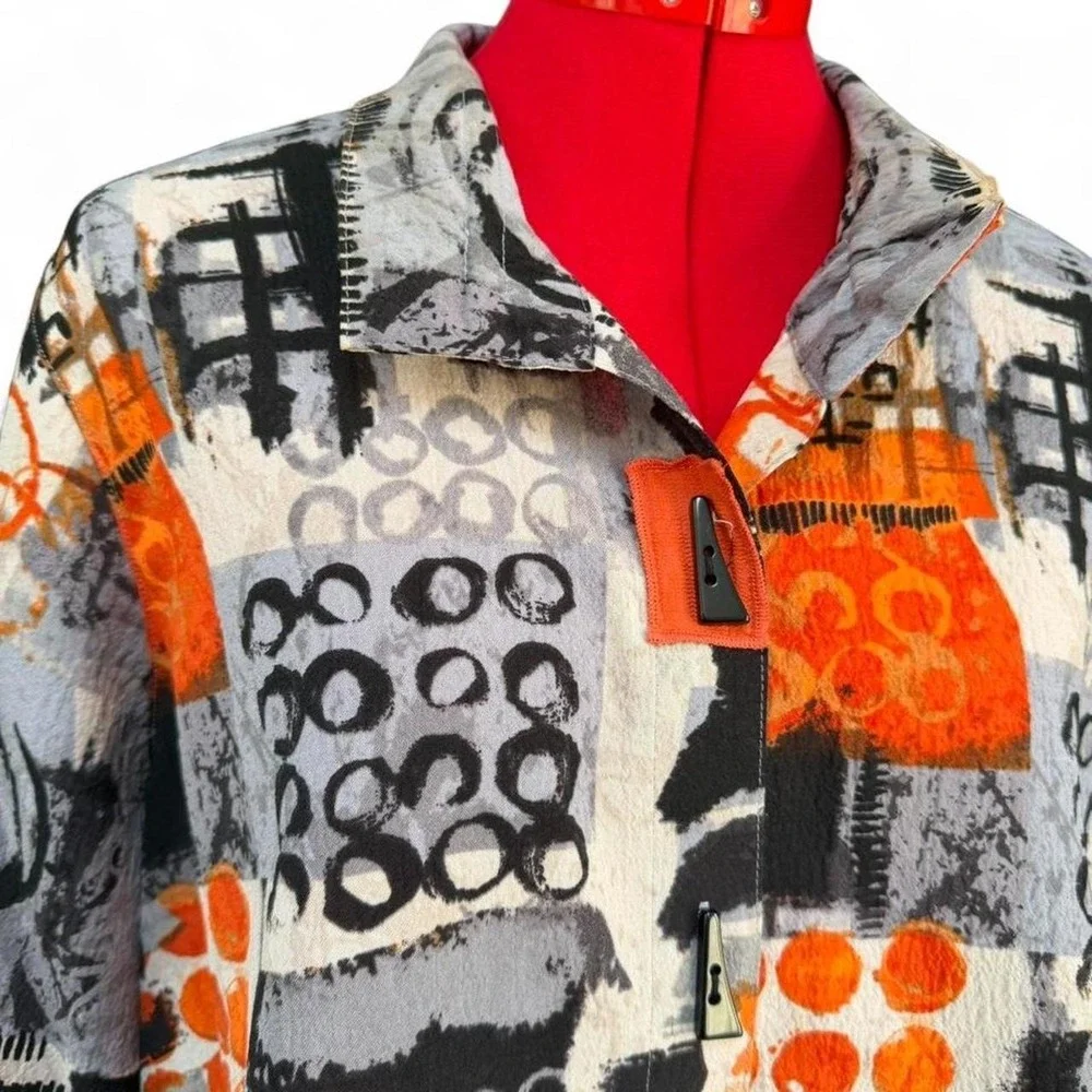 Ali Miles Art To Wear Orange &‎ Black Abstract Button Up Jacket Shirt